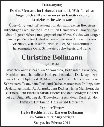 Traueranzeige von Christine Bollmann von Super Sonntag Merseburg