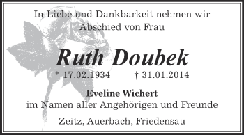 Traueranzeige von Ruth Doubek von Super Sonntag Zeitz