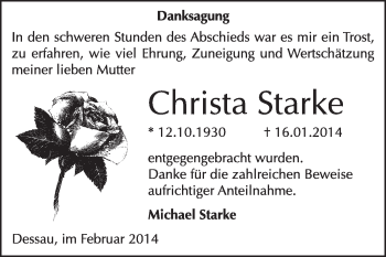 Traueranzeige von Christa Starke von Super Sonntag Dessau / Köthen