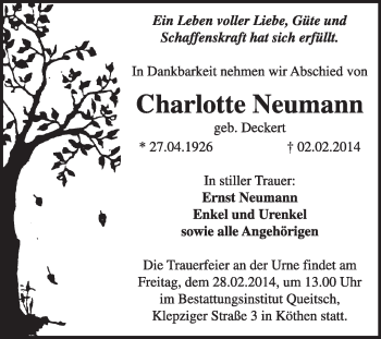 Traueranzeige von Charlotte Neumann von Super Sonntag Dessau / Köthen