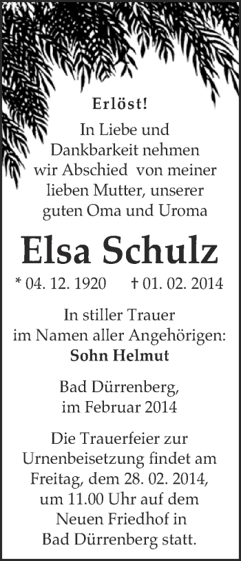 Traueranzeige von Elsa Schulz von Super Sonntag Merseburg