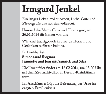 Traueranzeige von Irmgard Jenkel von Super Sonntag Dessau / Köthen