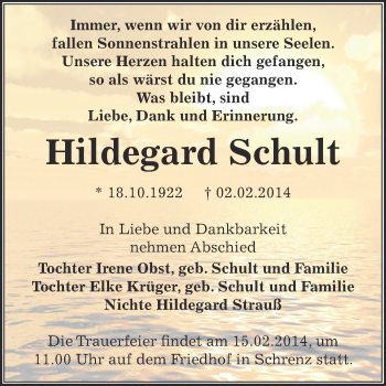 Traueranzeige von Hildegard Schult von WVG - Wochenspiegel Bitterfeld