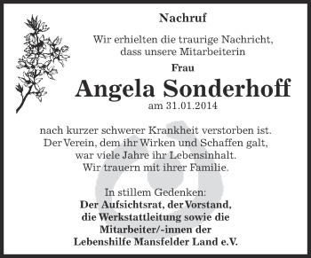 Traueranzeige von Angela Sonderhoff von Super Sonntag SGH Mansf. Land