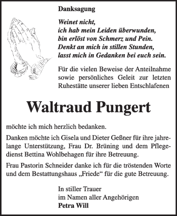 Traueranzeige von Waltraud Pungert von Super Sonntag Dessau / Köthen