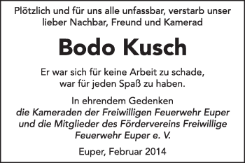 Traueranzeige von Bodo Kusch von Super Sonntag Wittenberg