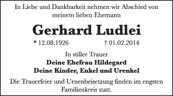 Traueranzeige von Gerhard Ludlei von Super Sonntag Dessau / Köthen