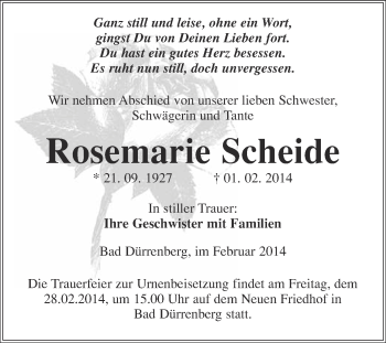 Traueranzeige von Rosemarie Scheide von Super Sonntag Merseburg