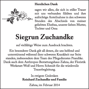 Traueranzeige von Siegrun Zuchandke von Super Sonntag Wittenberg