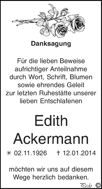 Traueranzeige von Edith Ackermann von WVG - Wochenspiegel NMB / WSF / ZTZ