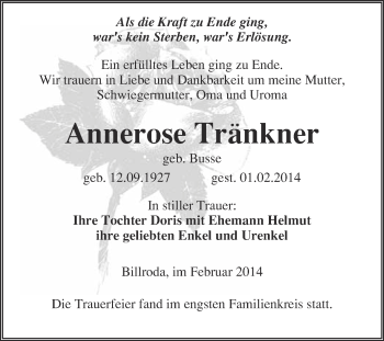Traueranzeige von Annerose Tränkner von WVG - Wochenspiegel NMB / WSF / ZTZ