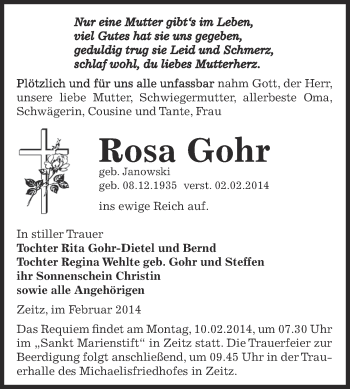 Traueranzeige von Rosa Gohr von Super Sonntag Zeitz