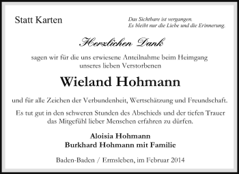 Traueranzeige von Wieland Hohmann von Super Sonntag Quedlinburg