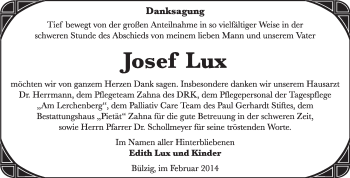 Traueranzeige von Josef Lux von Super Sonntag Wittenberg