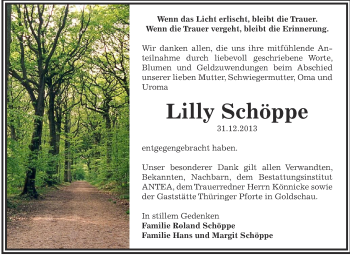 Traueranzeige von Lilly Schöppe von Super Sonntag Zeitz