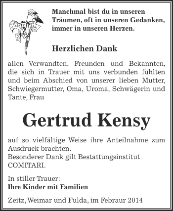 Traueranzeige von Gertrud Kensy von Super Sonntag Zeitz