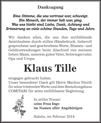 Traueranzeige von Klaus Tille von Super Sonntag Zeitz