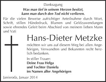 Traueranzeige von Hans-Dieter Metzke von WVG - Wochenspiegel NMB / WSF / ZTZ
