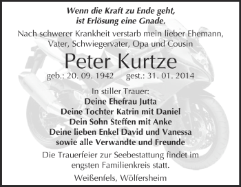 Traueranzeige von Peter Kurtze von WVG - Wochenspiegel NMB / WSF / ZTZ