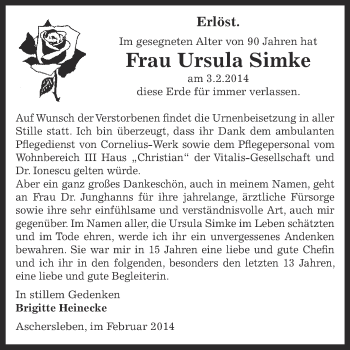 Traueranzeige von Ursula Simke von WVG - Wochenspiegel Aschersleben