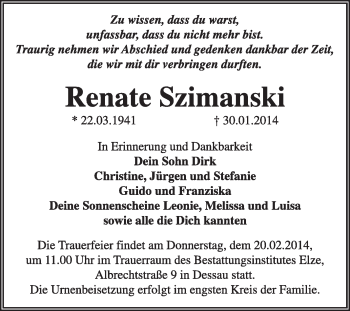 Traueranzeige von Renate Szimanski von Super Sonntag Dessau / Köthen