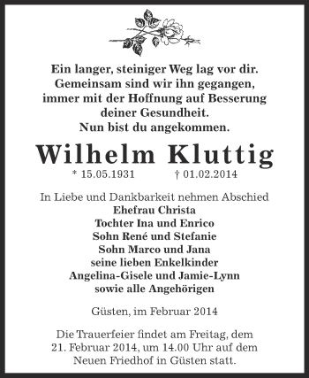 Traueranzeige von Wilhelm Kluttig von Super Sonntag Bernburg