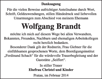 Traueranzeige von Wolfgang Brandt von Super Sonntag Wittenberg
