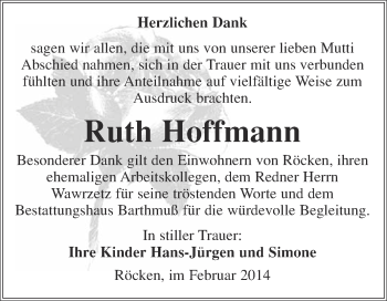 Traueranzeige von Ruth Hoffmann von WVG - Wochenspiegel Merseburg