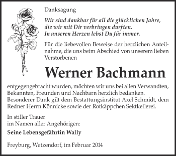 Traueranzeige von Werner Bachmann von WVG - Wochenspiegel NMB / WSF / ZTZ
