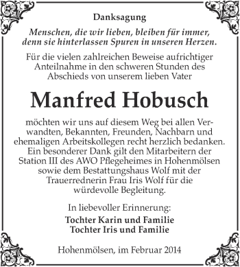Traueranzeige von Manfred Hobusch von WVG - Wochenspiegel NMB / WSF / ZTZ