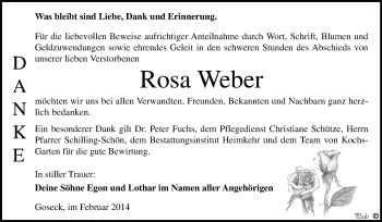 Traueranzeige von Rosa Weber von WVG - Wochenspiegel NMB / WSF / ZTZ