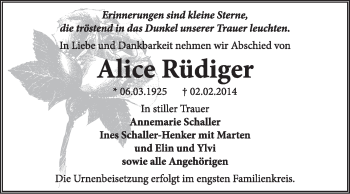 Traueranzeige von Alice Rüdiger von Super Sonntag Dessau / Köthen