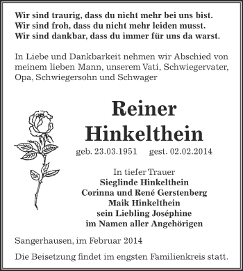 Traueranzeige von Reiner Hinkelthein von Super Sonntag SGH Mansf. Land