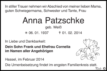Traueranzeige von Anna Patzschke von Super Sonntag Zeitz