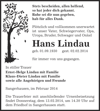 Traueranzeige von Hans Lindau von Super Sonntag SGH Mansf. Land