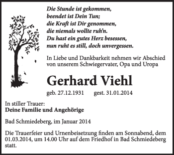 Traueranzeige von Gerhard Vieh von WVG - Wochenspiegel Wittenberg