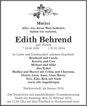 Traueranzeige von Edith Behrend von WVG - Wochenspiegel Aschersleben