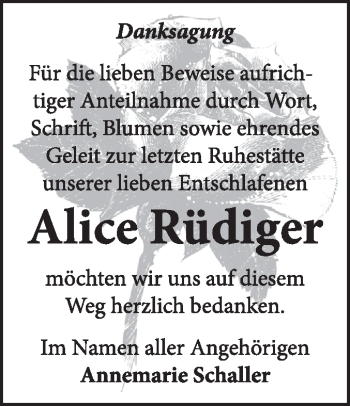 Traueranzeige von Alice Rüdiger von Super Sonntag Dessau / Köthen