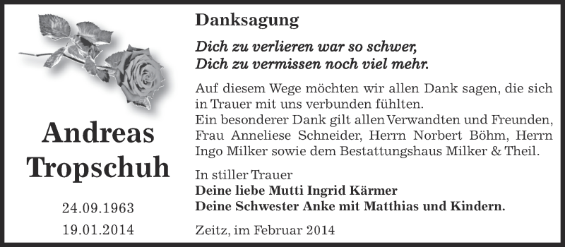  Traueranzeige für Andreas Tropschuh vom 09.02.2014 aus Super Sonntag Zeitz