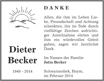 Traueranzeige von Dieter Becker von Super Sonntag Aschersleben