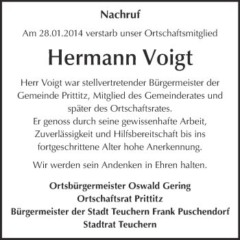 Traueranzeige von Hermann Voigt von WVG - Wochenspiegel NMB / WSF / ZTZ