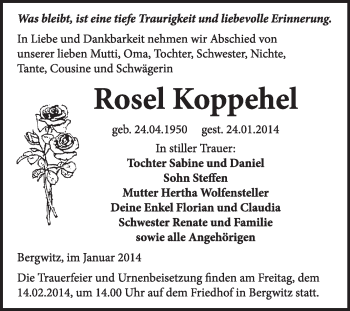 Traueranzeige von Rose Koppehel von Super Sonntag Wittenberg