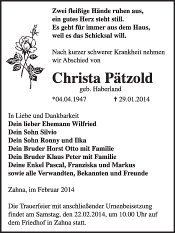 Traueranzeige von Christa Pätzold von Super Sonntag Wittenberg