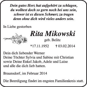 Traueranzeige von Rita Mikowski von WVG - Wochenspiegel Wittenberg