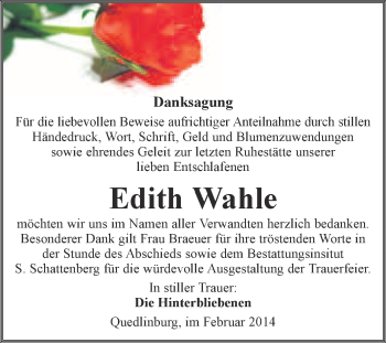 Traueranzeige von Edith Wahle von WVG - Wochenspiegel Quedlinburg