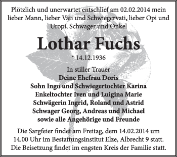 Traueranzeige von Lothar Fuchs von Super Sonntag Dessau / Köthen