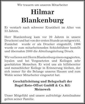 Traueranzeige von Hilmar Blankenburg von Super Sonntag Zeitz