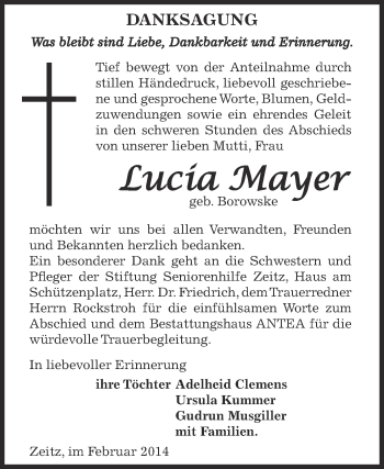 Traueranzeige von Lucia Mayer von Super Sonntag Zeitz