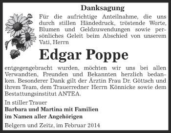 Traueranzeige von Edgar Poppe von Super Sonntag Zeitz