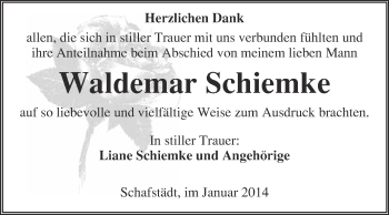Traueranzeige von Waldemar Schiemke von Super Sonntag Merseburg